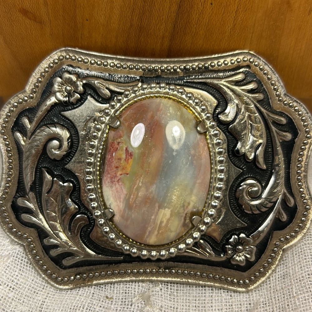 Gorgeous natural stone belt buckle (rainbow agat?)